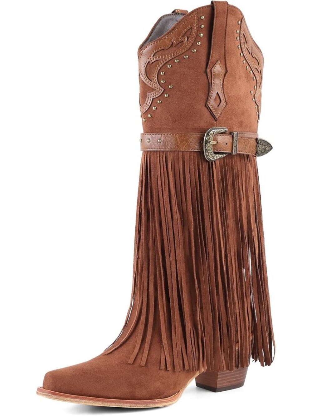 Women's Brown Fringe Knee High Heel Boot Faux Fur Pointed Toe Snow Western Boots